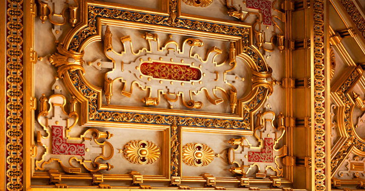 Close up shot of the detail on the Octagon Drawing Room ceiling inside Raby Castle